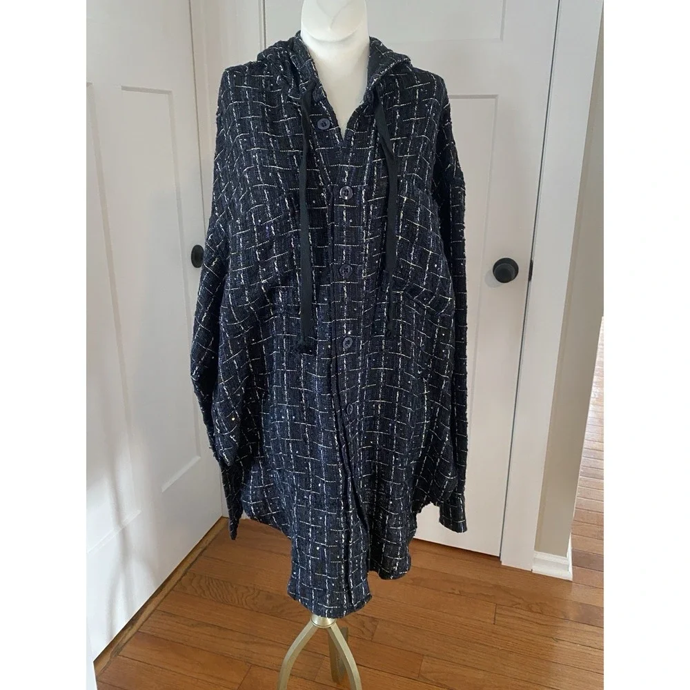 faith connexion Tweed Oversized Hooded Shirt Jacket Metalic Sequence M